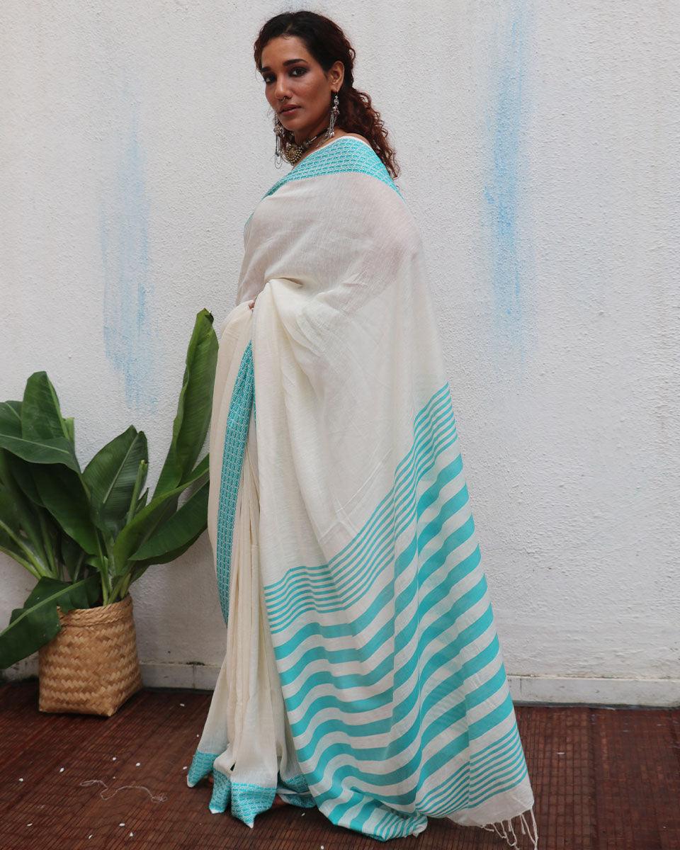 Abhaya Ivory Handwoven Linen Cotton Jamdani Saree - Uma - Image 4
