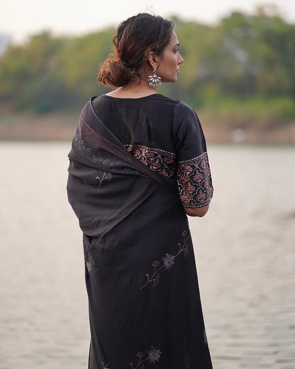 Ahima Black Block printed Modal Silk Saree - Jaisal - Image 8