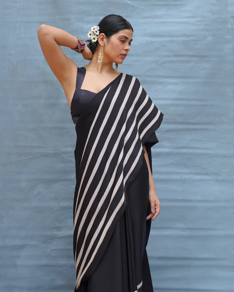 Airy Fold Black Handblock Print Modal Silk Saree - Flow - Image 8