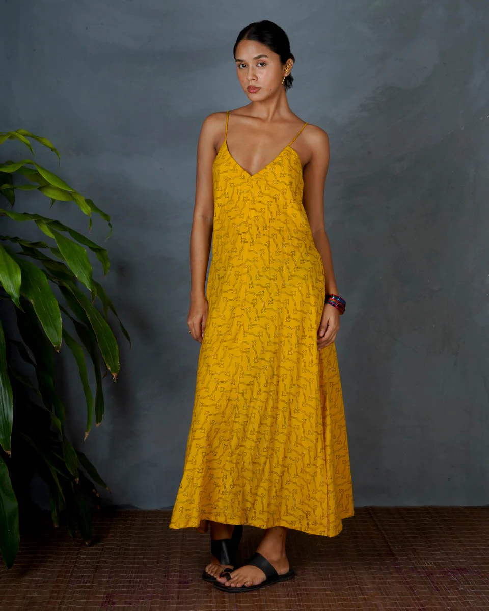 Amaira Yellow Hand Block Printed Cotton Dress-MYA