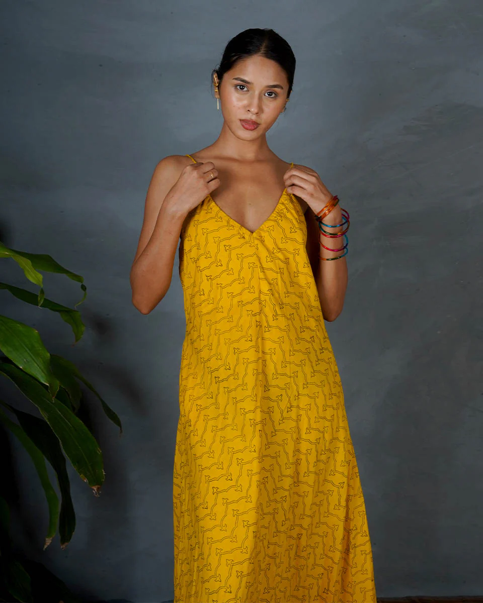 Amaira Yellow Hand Block Printed Cotton Dress-MYA - Image 8