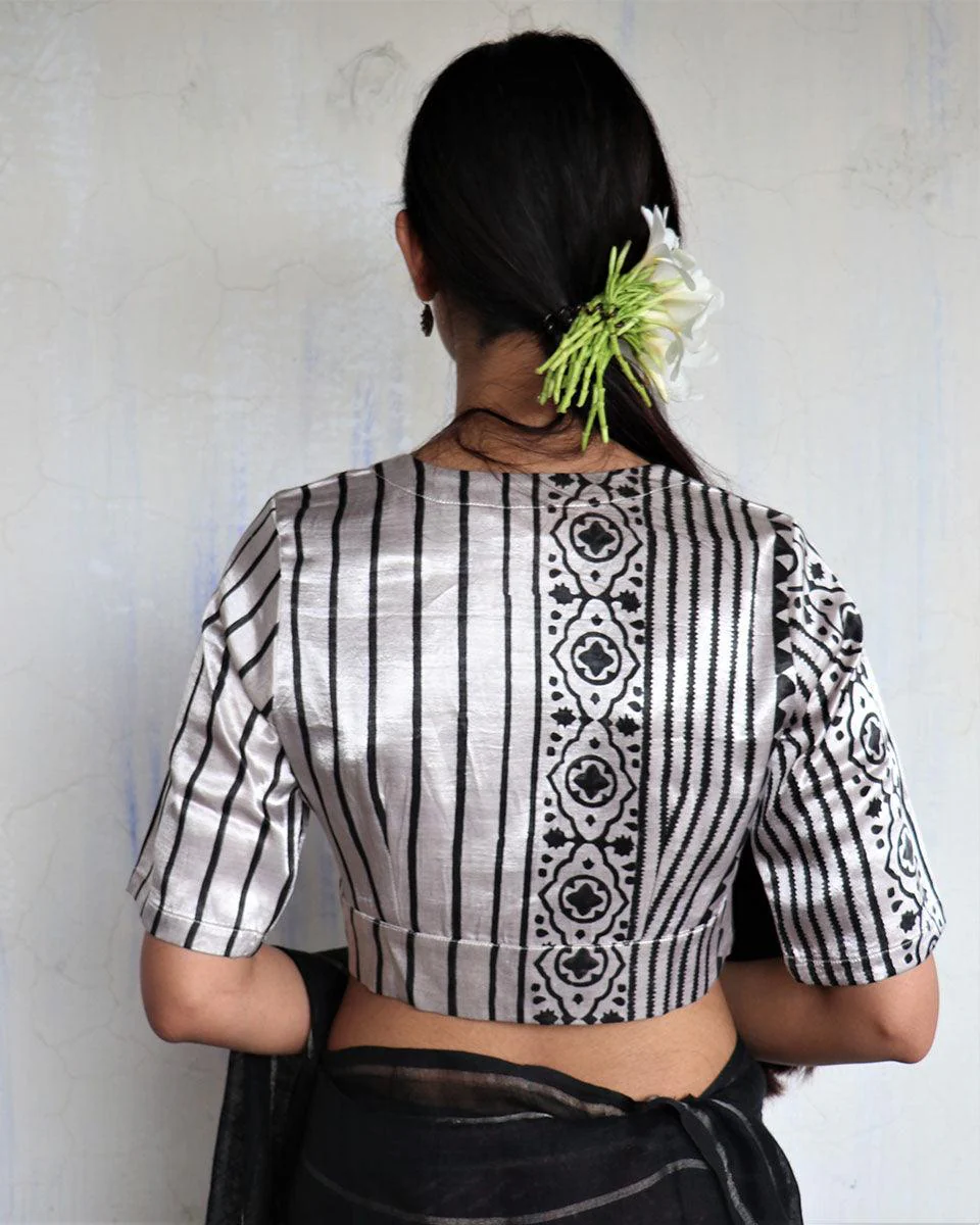 Asha Ivory Hand Blockprinted Mashru Silk Blouse-Yesterday - Image 4