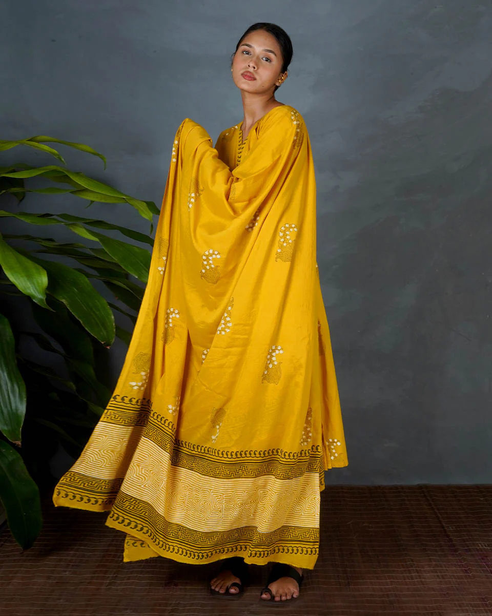 Avira Yellow Hand Block Printed Cotton Dupatta-MYA - Image 2