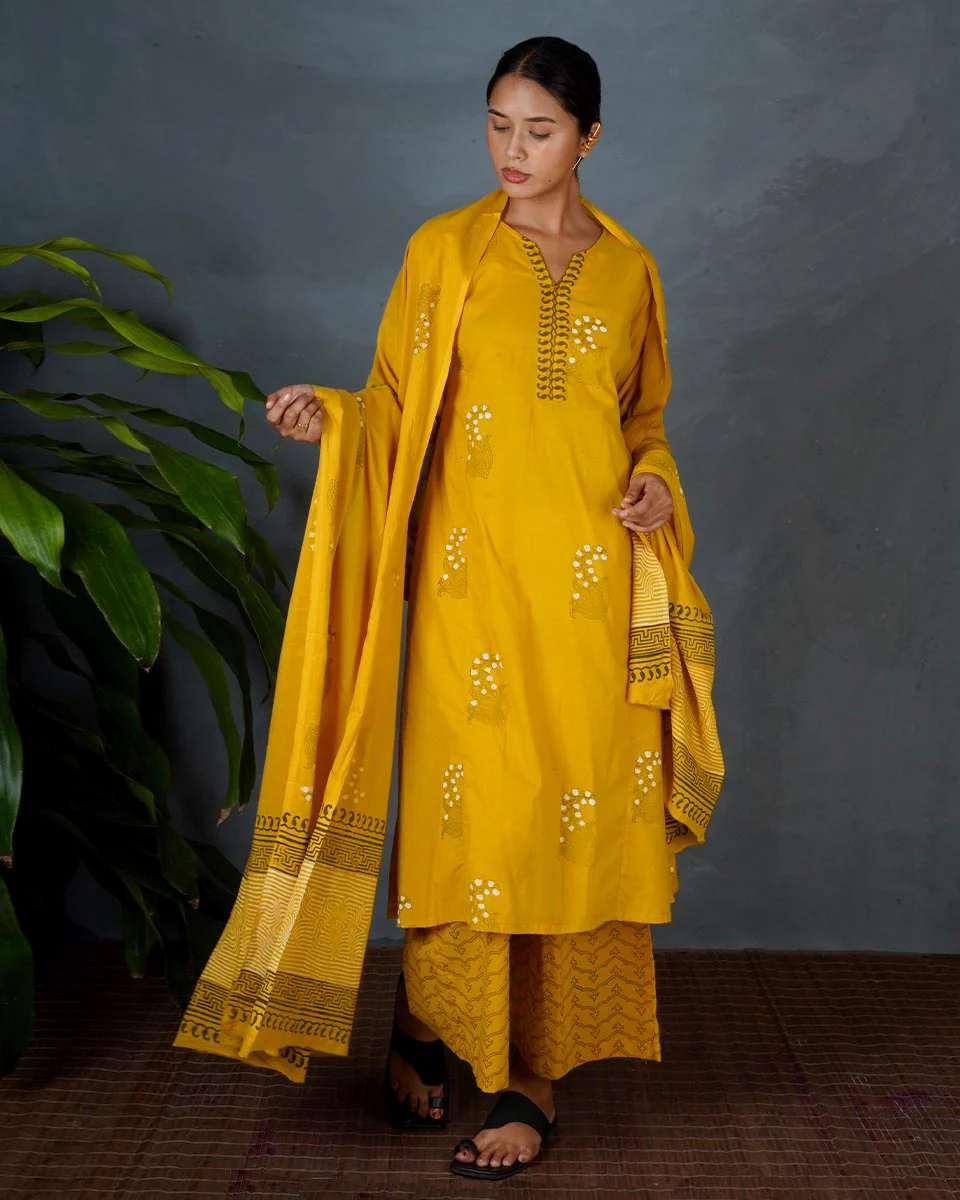 Avira Yellow Hand Block Printed Cotton Dupatta-MYA - Image 7
