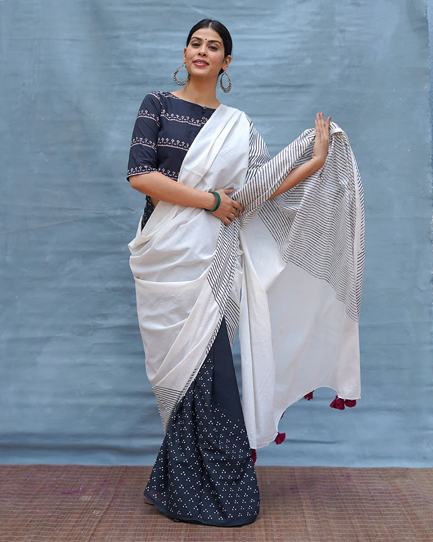 B&W Muse Black & White Handblock Print Cotton Saree - MIS - Image 6