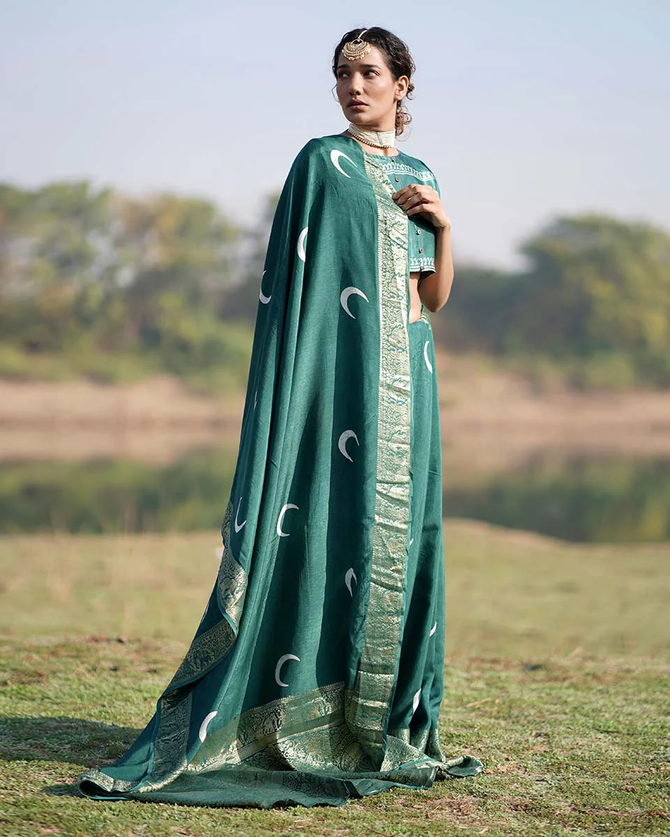 Bansari Blockprinted Dola Silk Saree - RB - Image 6