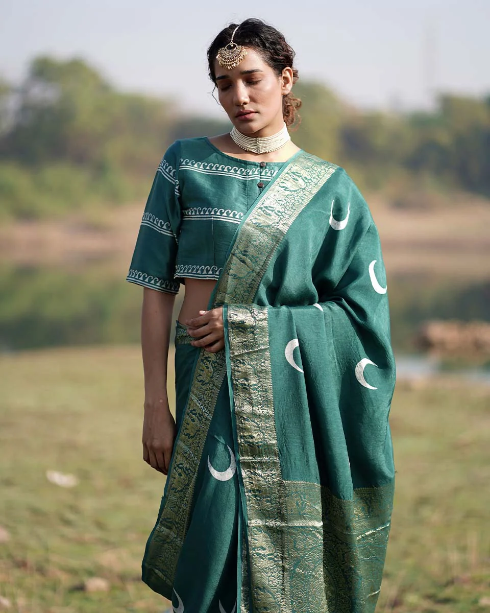 Bansari Blockprinted Dola Silk Saree - RB - Image 8