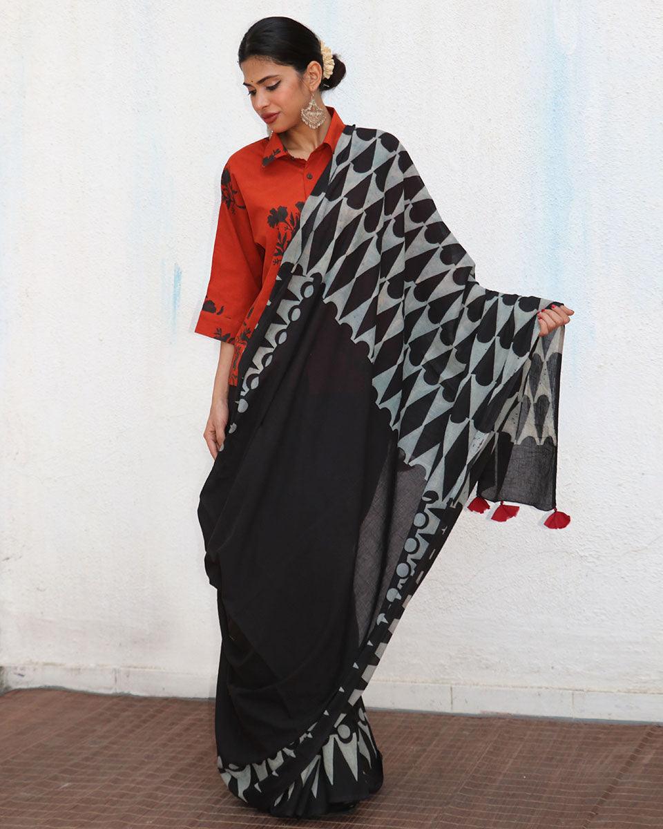 Barkha Black Block printed Cotton Saree - NOMAD - Image 6