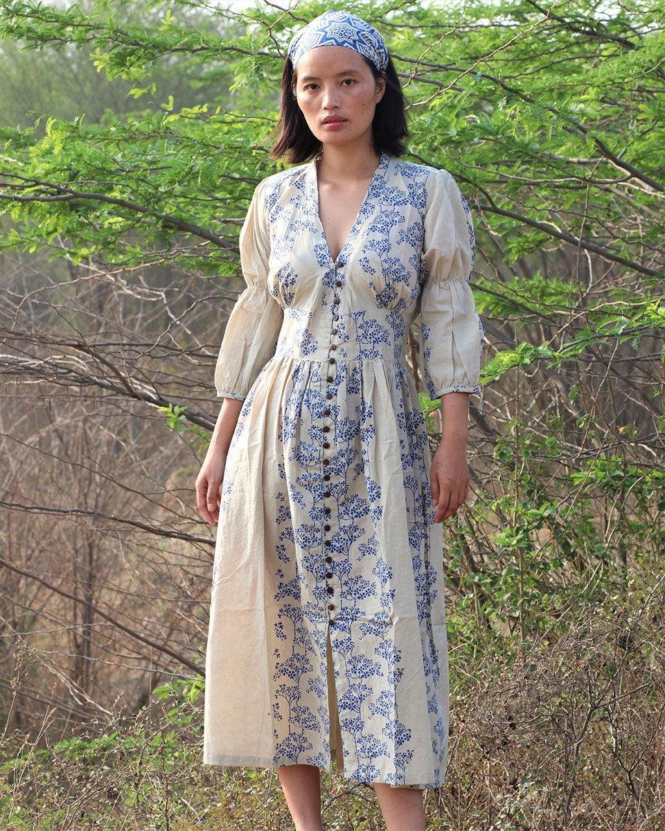 Beige Blue Blockprinted Bel Cotton Dress - Image 2