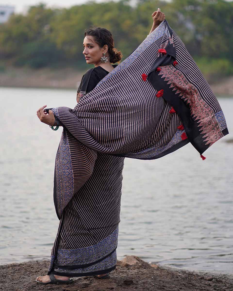 Bhumika Black Block printed Modal Silk Saree - Jaisal - Image 10
