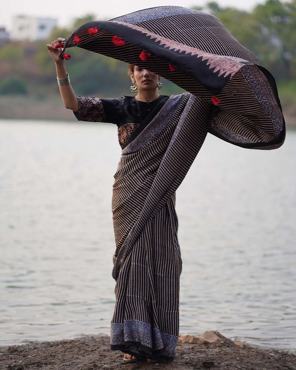 Bhumika Black Block printed Modal Silk Saree - Jaisal - Image 7