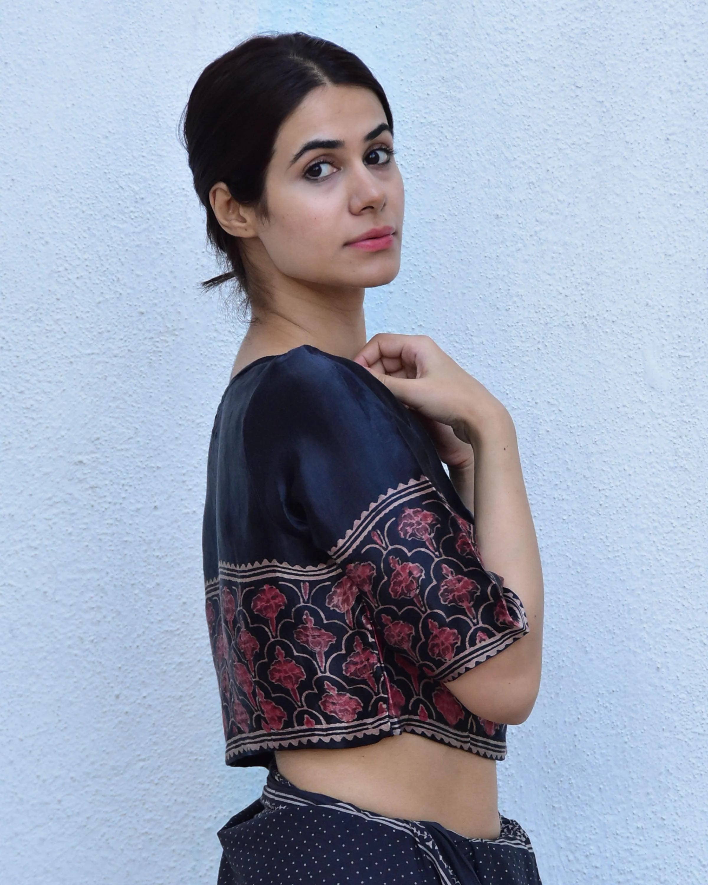 Black Blockprinted Crop Top Mashru Silk Blouse - Image 5