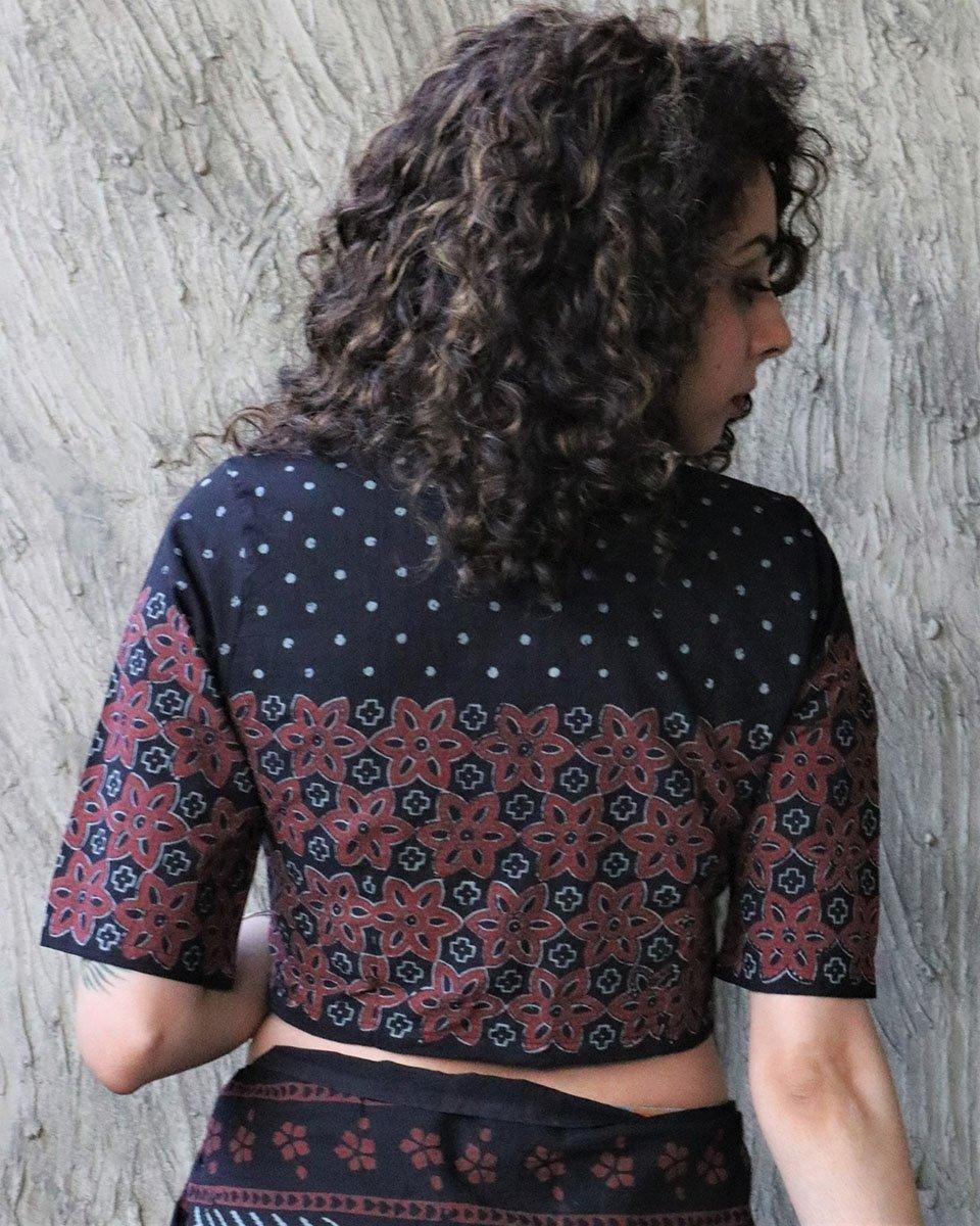 Black Kohl Blockprinted Crop Top Cotton Blouse - Image 4