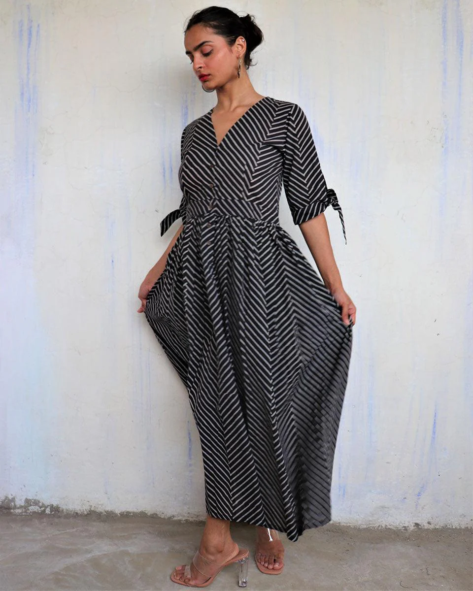 Black Pure Cotton Block Printed Dress-Mono