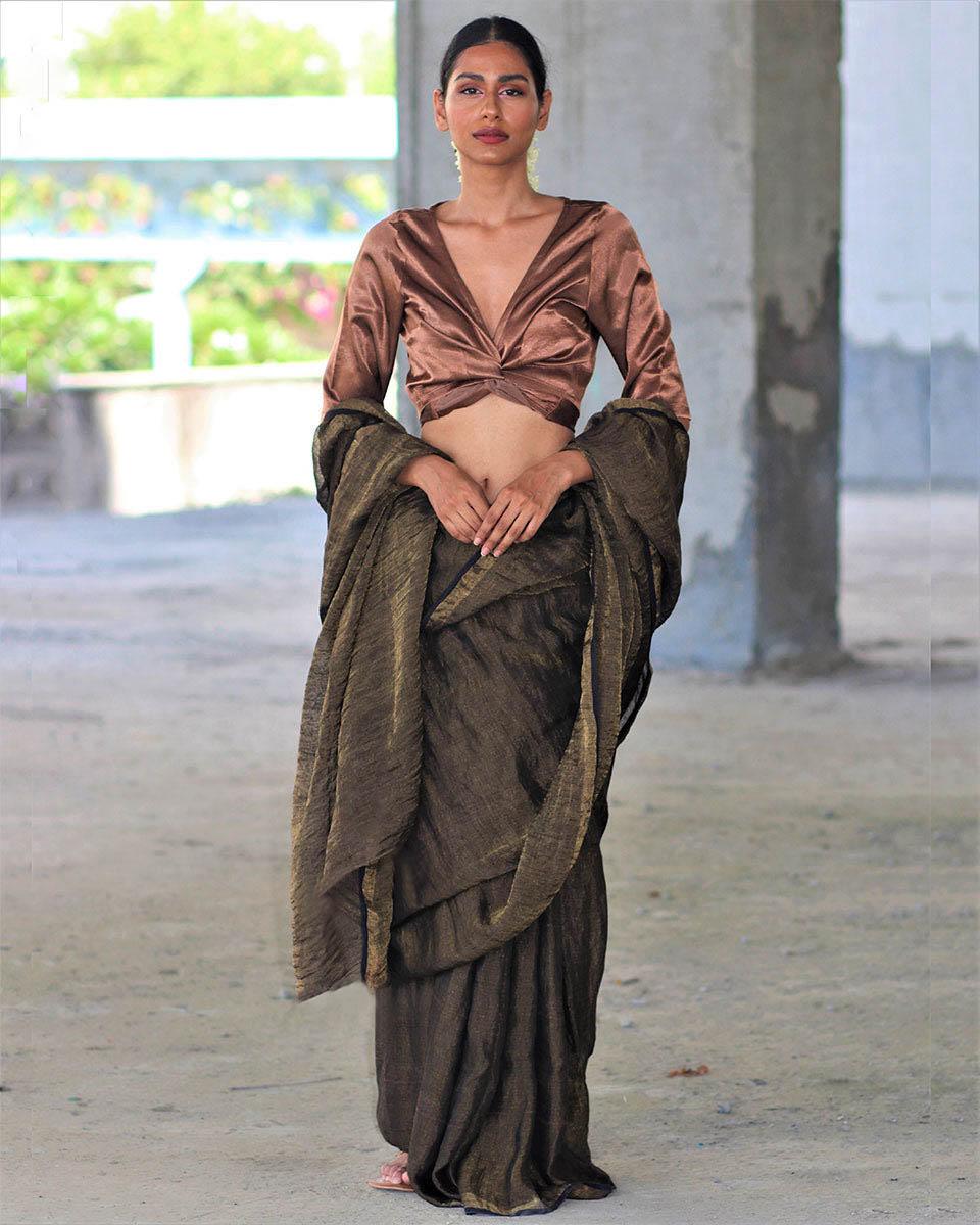 Black Zari Pure Handwoven Linen Saree-Manjari - Image 4