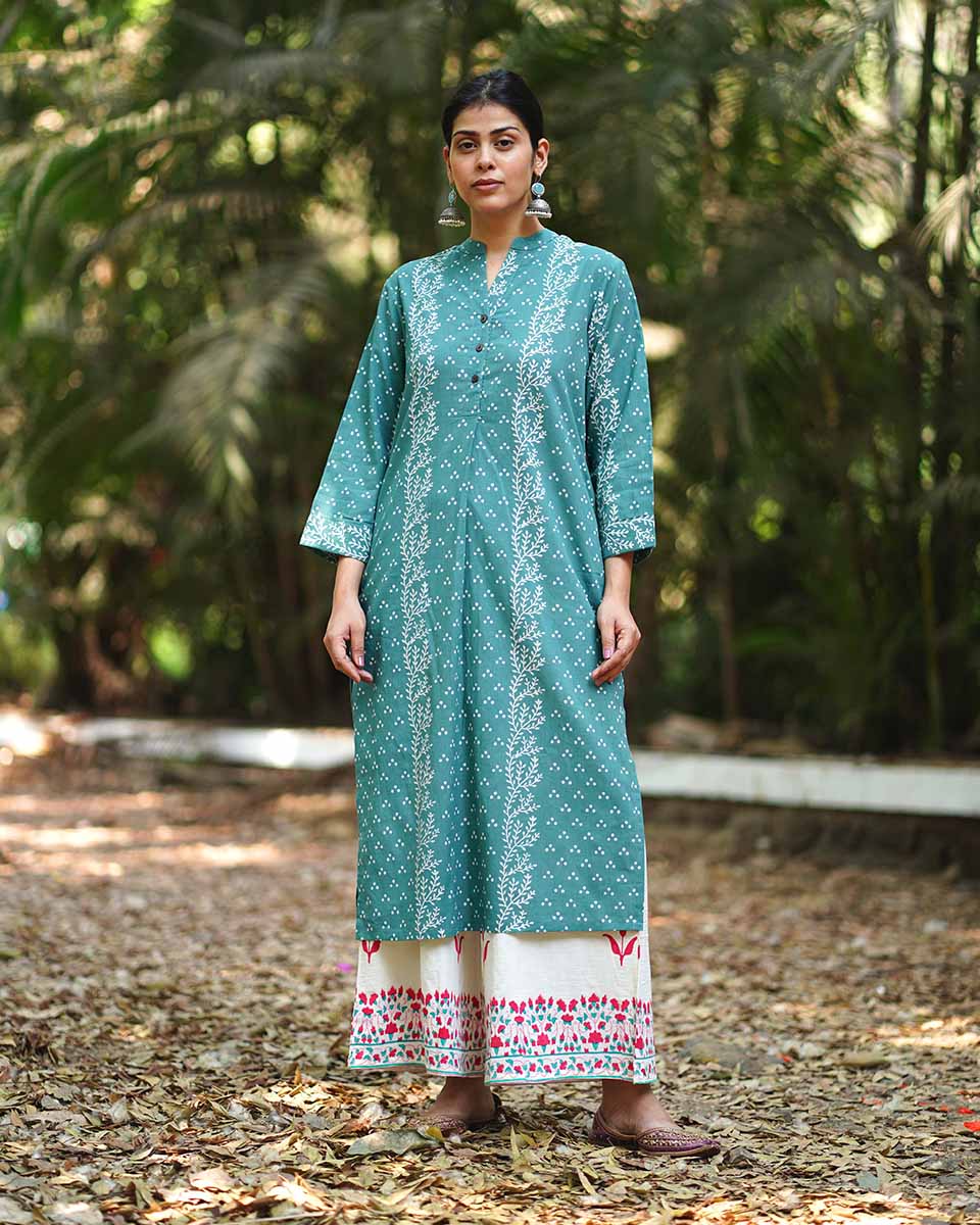 Bliss of Babyâ€™s Breath Teal Green Block Printed Kurti - MMG - Image 2
