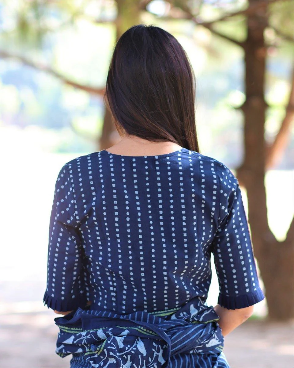 Blue Blockprinted Crop Top Cotton Blouse - Image 3