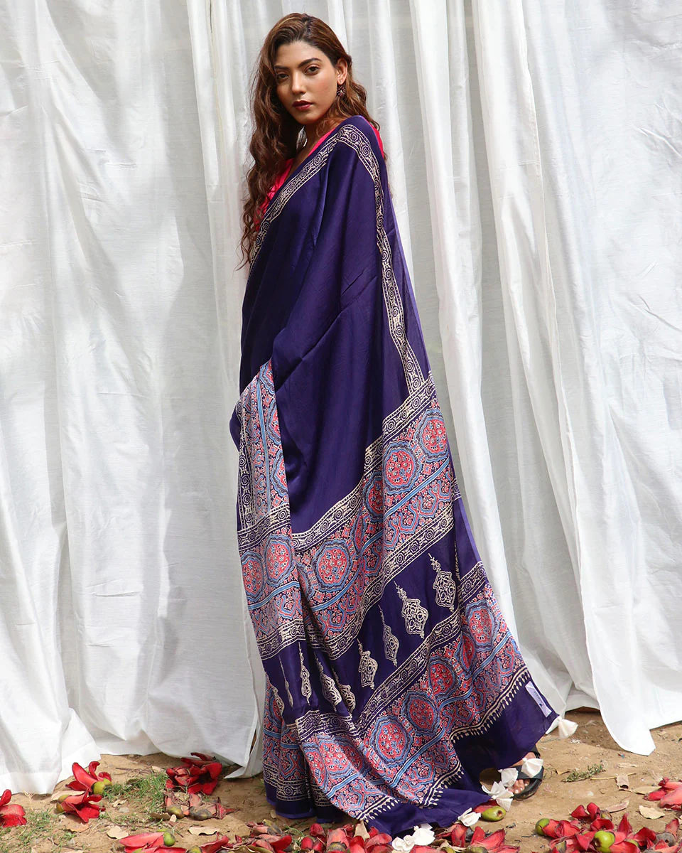 Blue Modal Silk Blockprinted Saree - Kite - Image 6