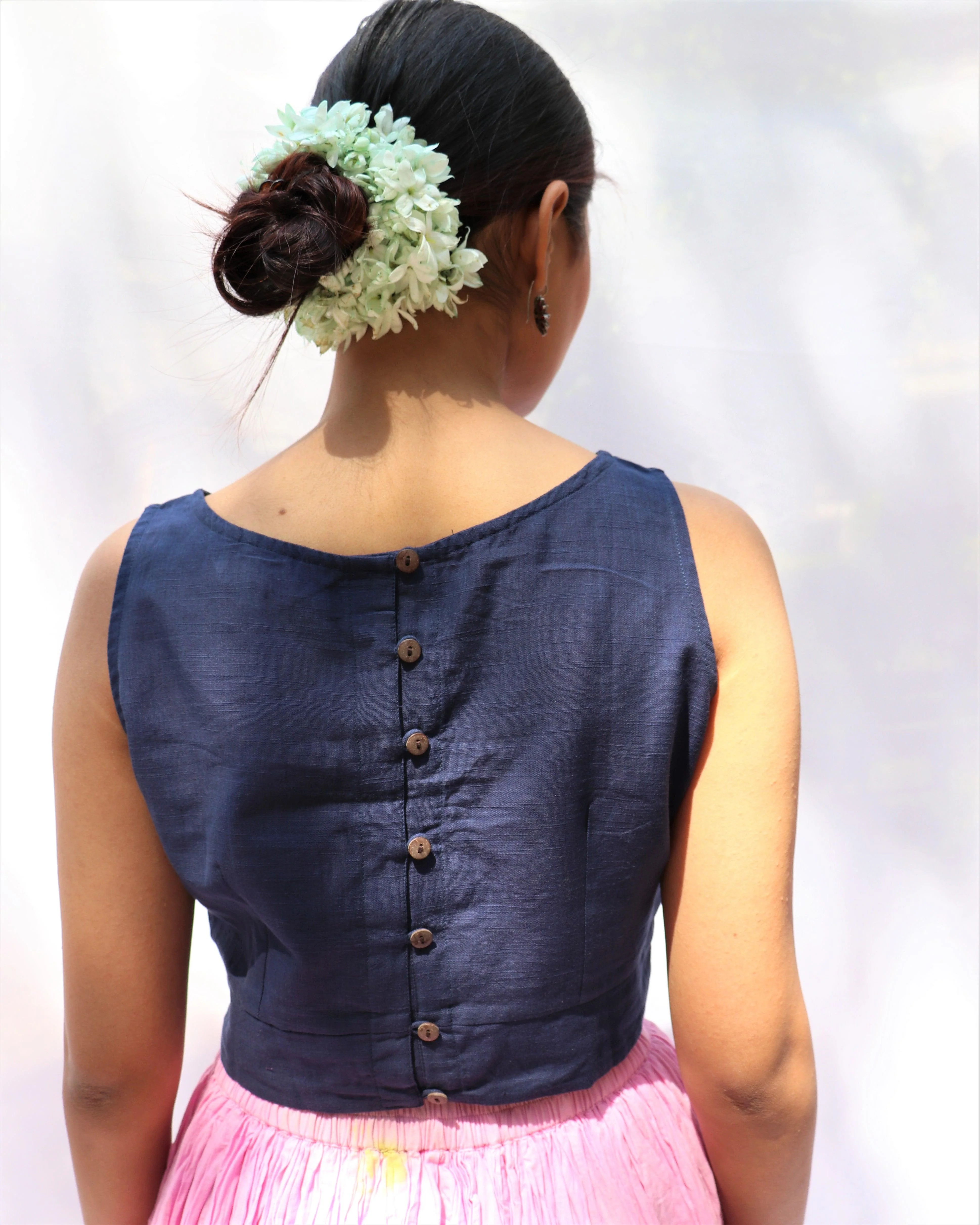 Flora Blue Dandelion Sleeveless Hand-Embroidered Handwoven Cotton Blouse - Fos - Image 5