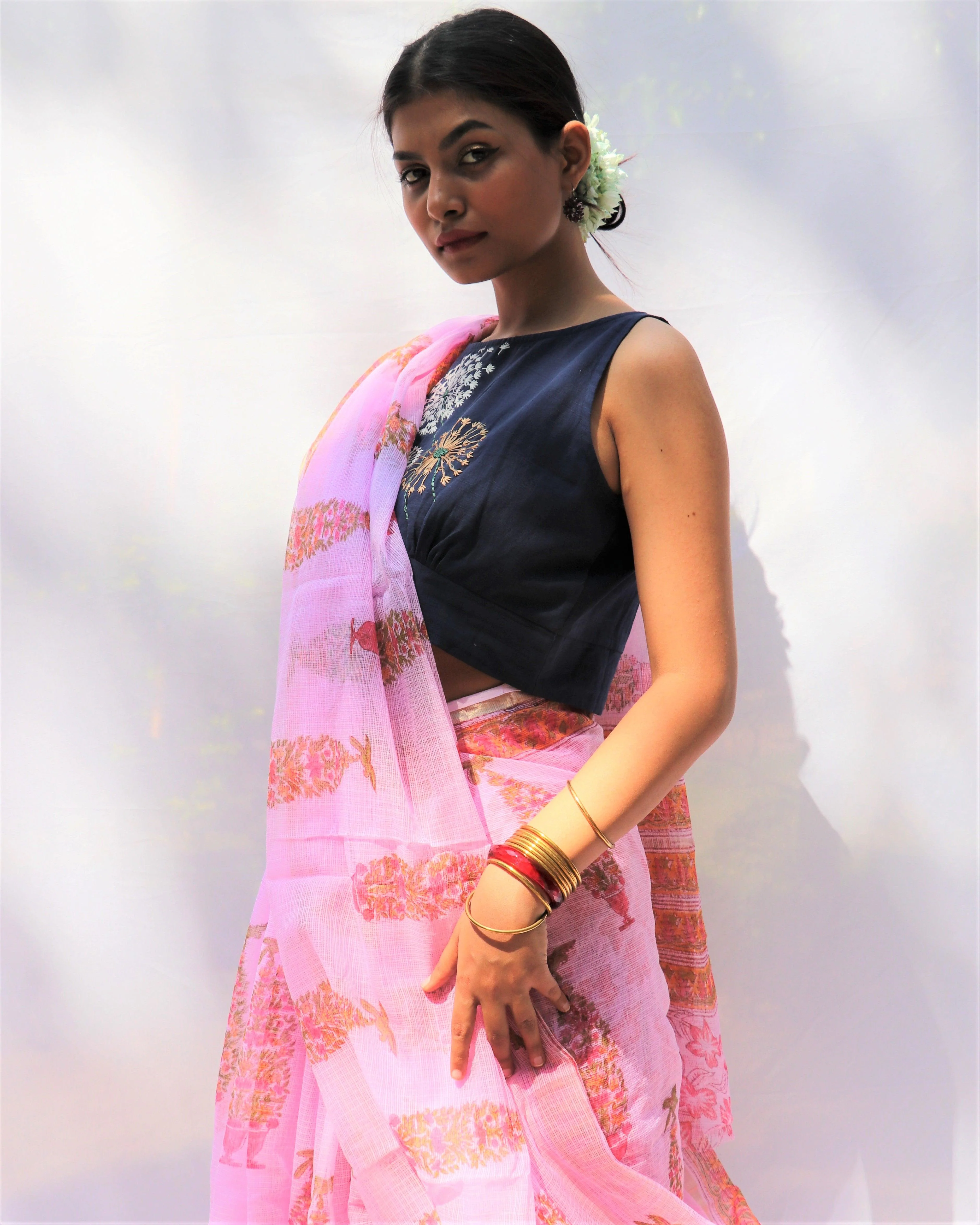 Flora Blue Dandelion Sleeveless Hand-Embroidered Handwoven Cotton Blouse - Fos - Image 6