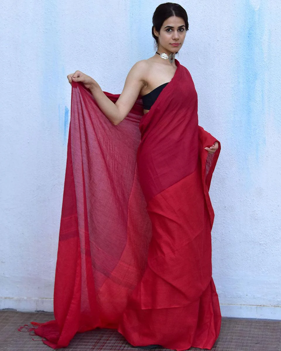 Blush Red Handwoven Cotton Saree-Leela - Image 4