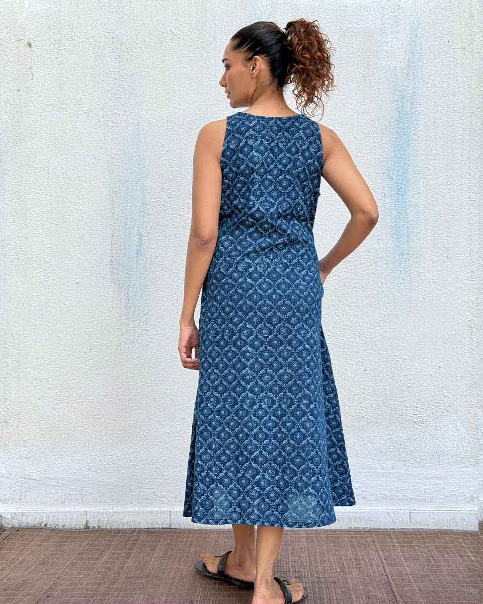 Butterfly Pea Blockprinted Cotton Dress - Image 6