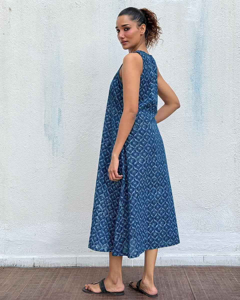 Butterfly Pea Blockprinted Cotton Dress - Image 7