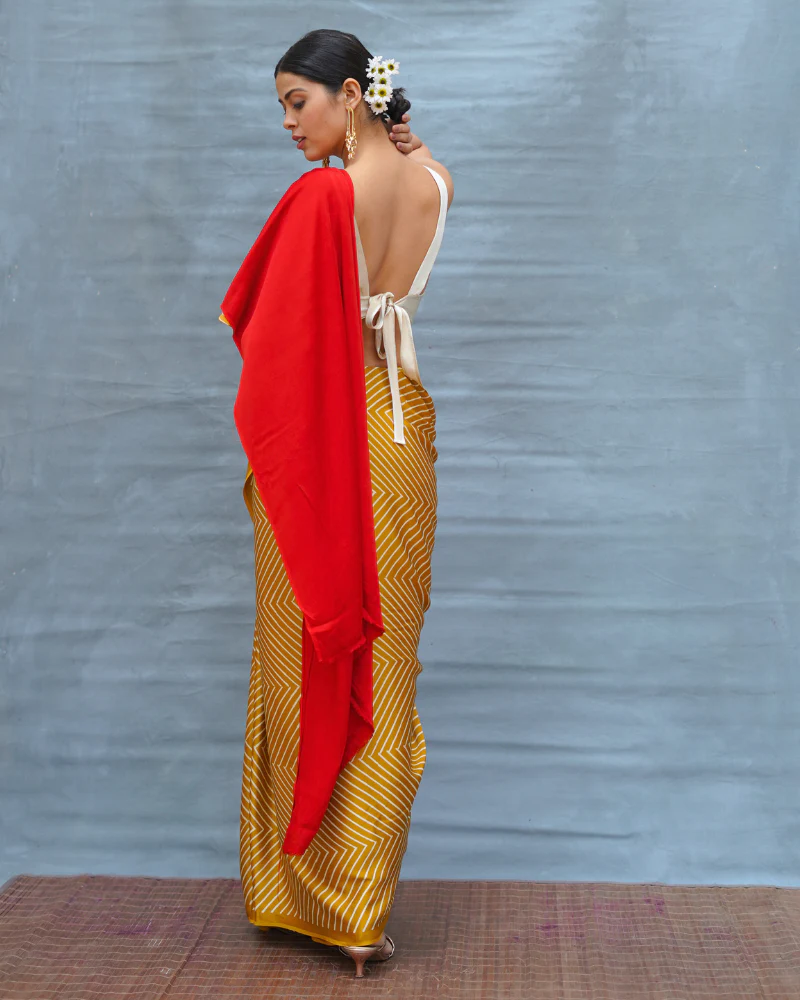 Calm Glide Yellow Handblock Print Modal Silk Saree - Flow - Image 3