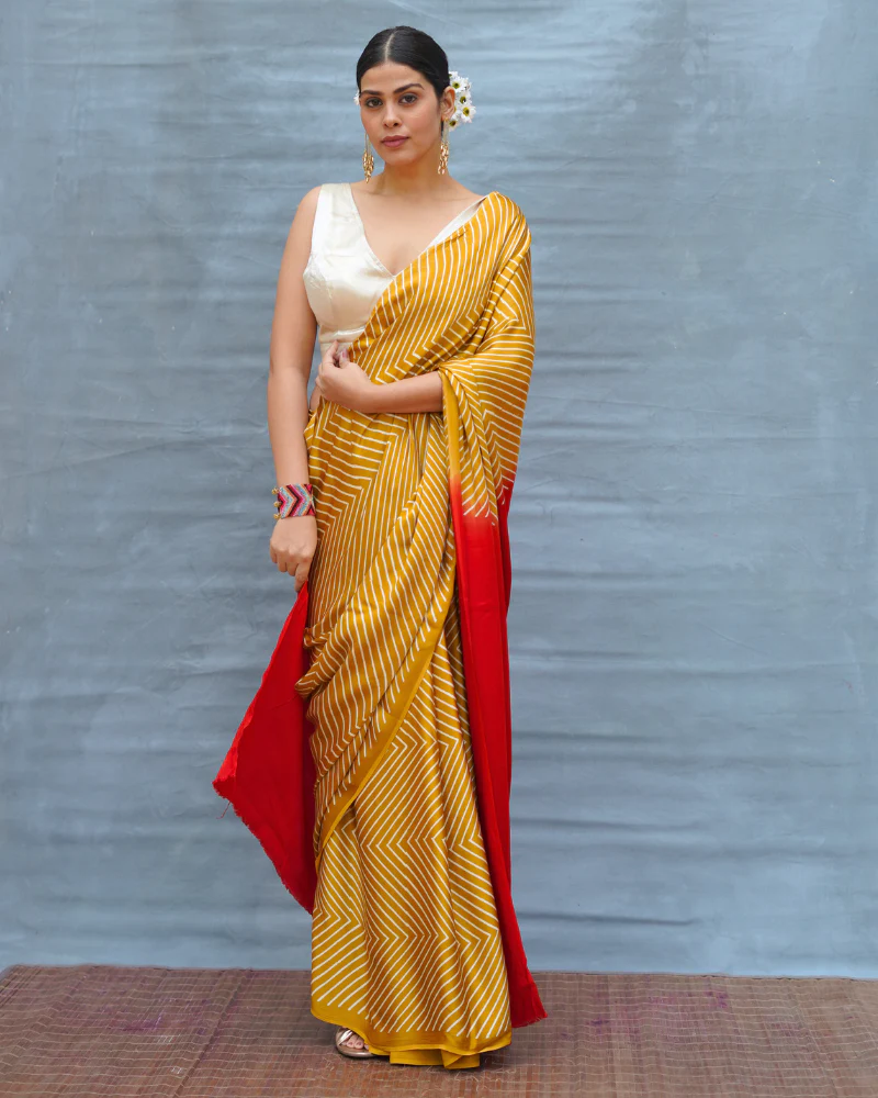 Calm Glide Yellow Handblock Print Modal Silk Saree - Flow - Image 9
