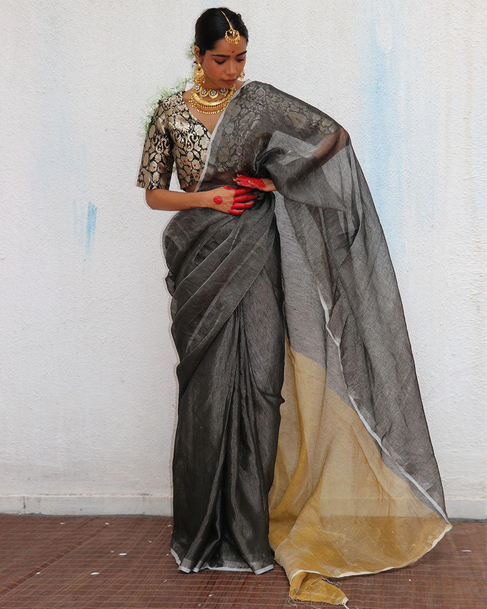 Charulata Black Golden Handwoven Linen Zari Saree - Image 4