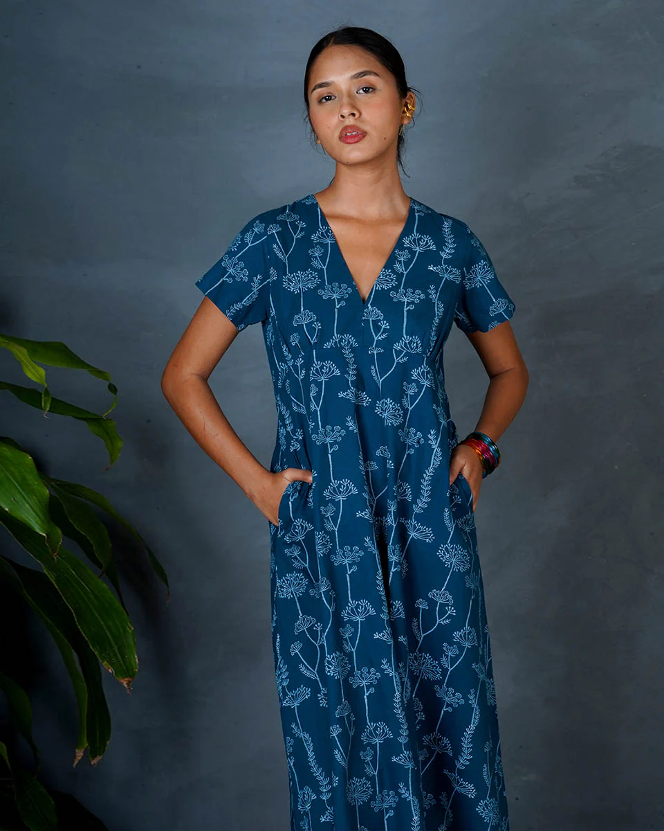 Charvi Teal Green Hand Block Printed Cotton Dress-MYA - Image 7