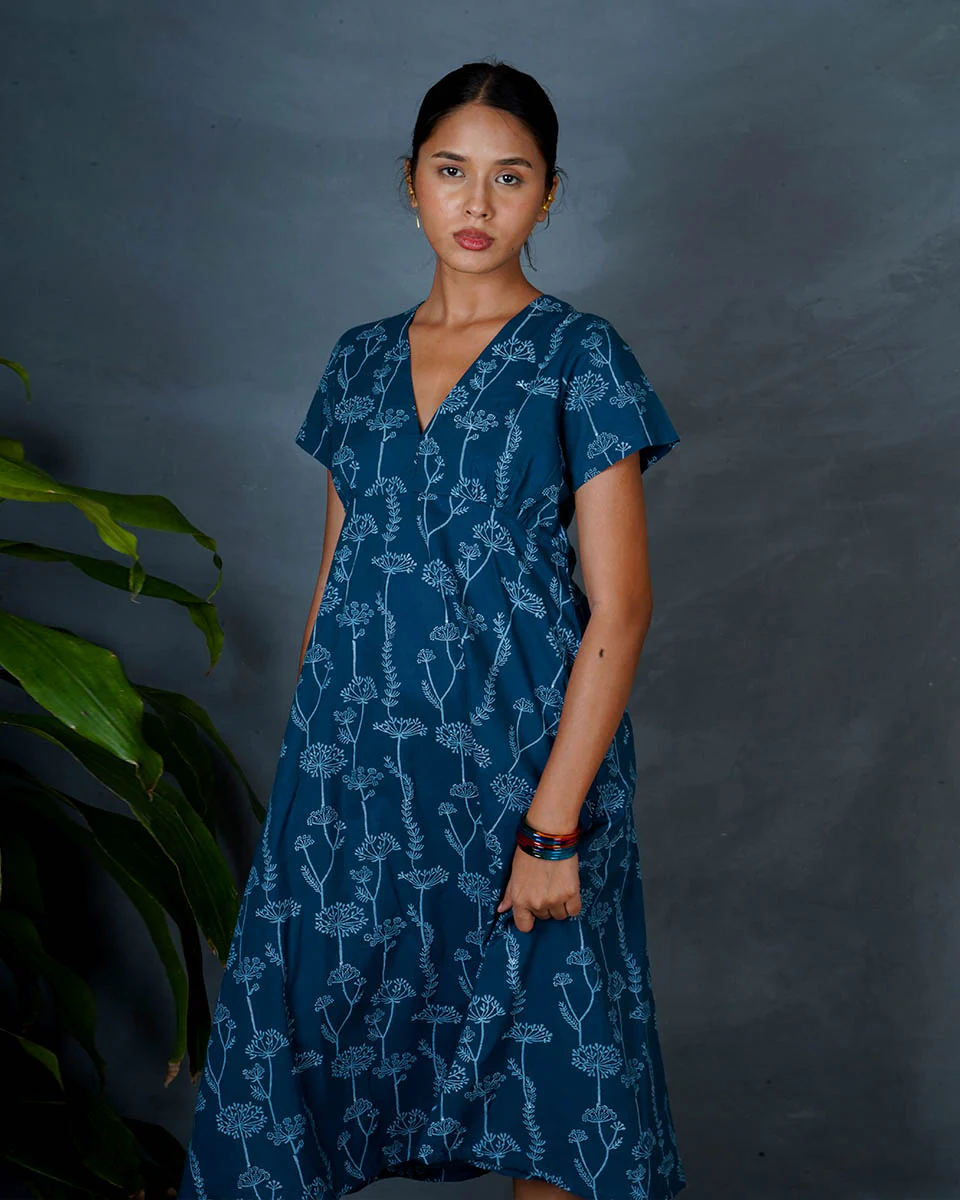 Charvi Teal Green Hand Block Printed Cotton Dress-MYA - Image 8