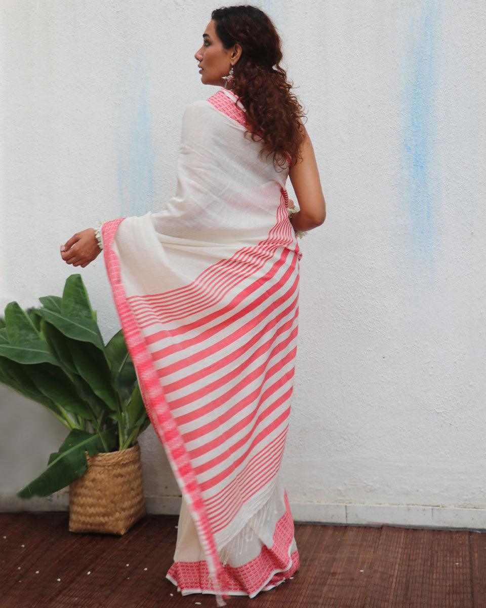 Chitra Ivory Handwoven Linen Cotton Jamdani Saree - Uma - Image 10