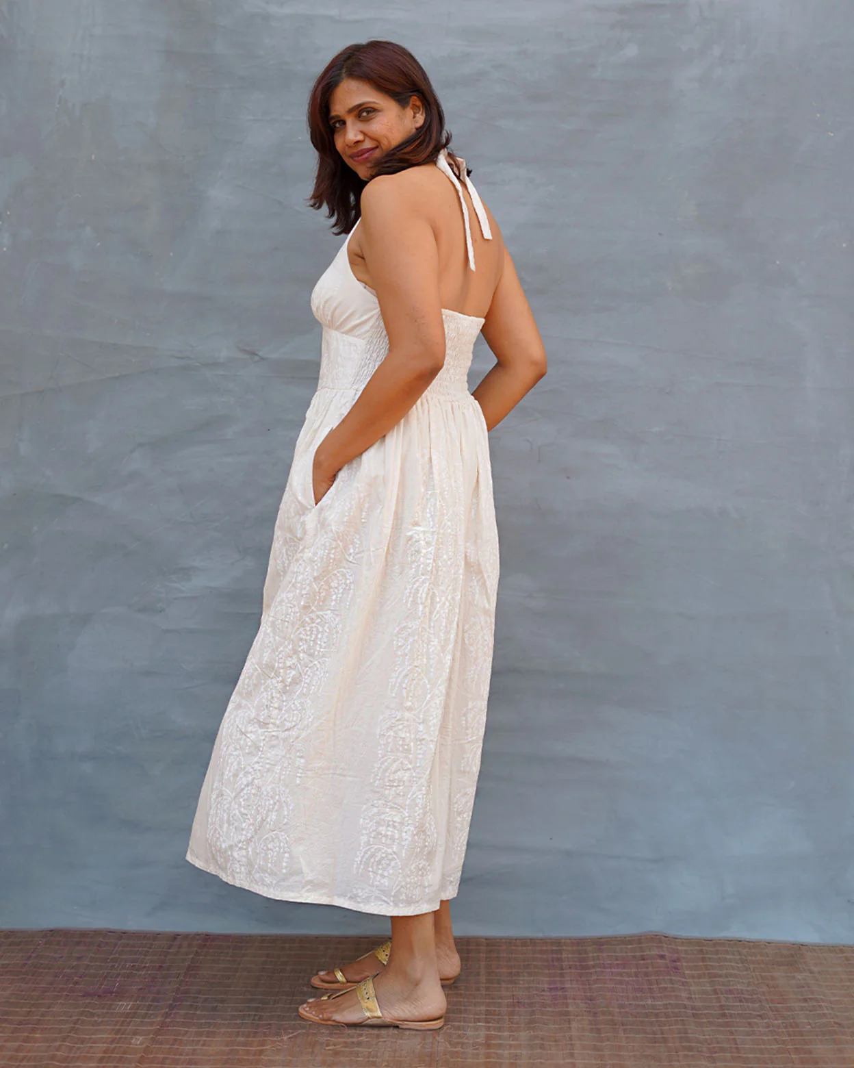 Cloudfall White Handblock Print Cotton Dress - Safed - Image 4