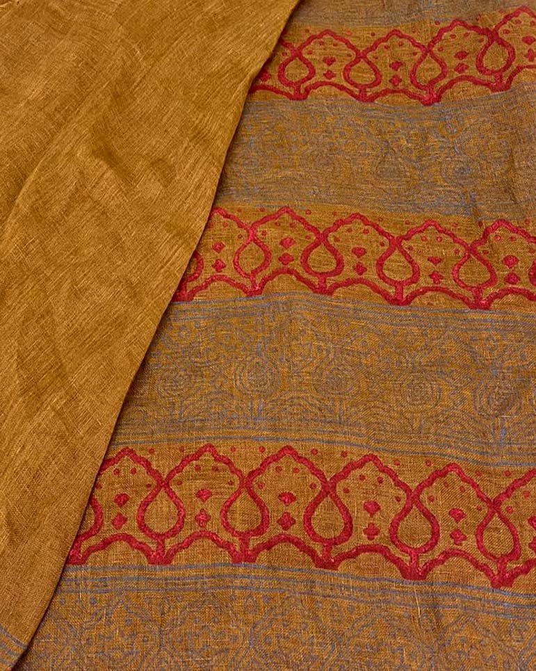 Deepika Mustard Handblock Linen Saree - TARA - Image 9