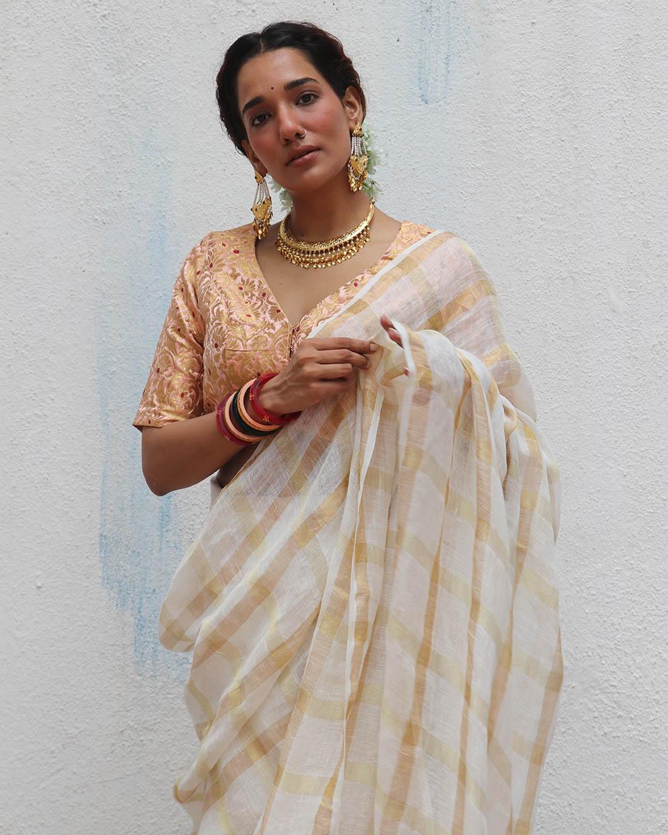 Devaki Handwoven Linen Zari Saree - Onam - Image 10