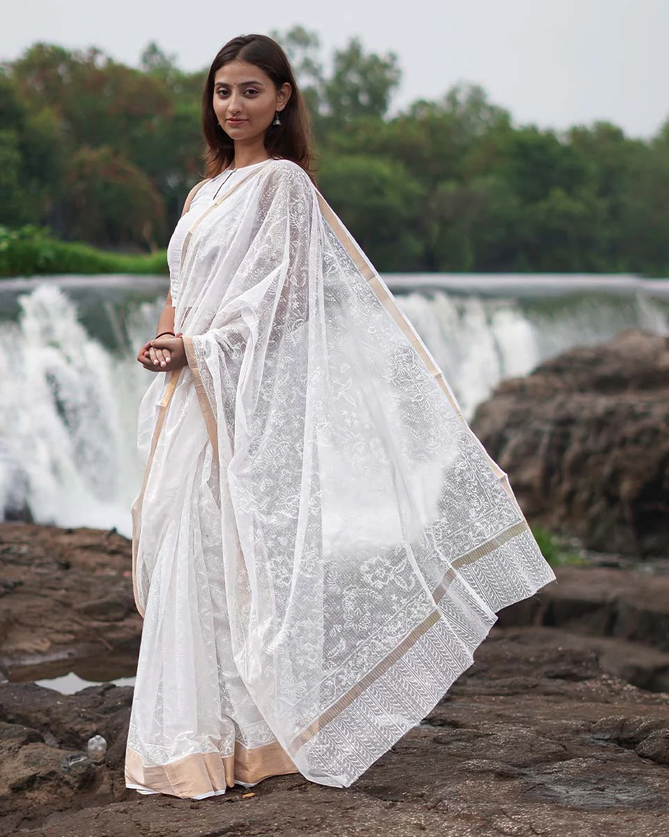 Dewbone Kota Doria Ivory Block Printed Saree - SFD - Image 8