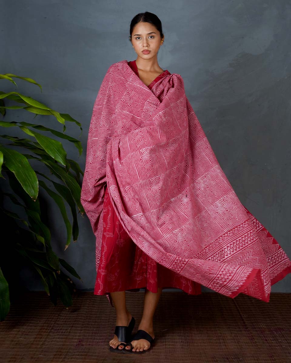 Dhara Red Hand Block Printed Cotton Dupatta-MYA - Image 7