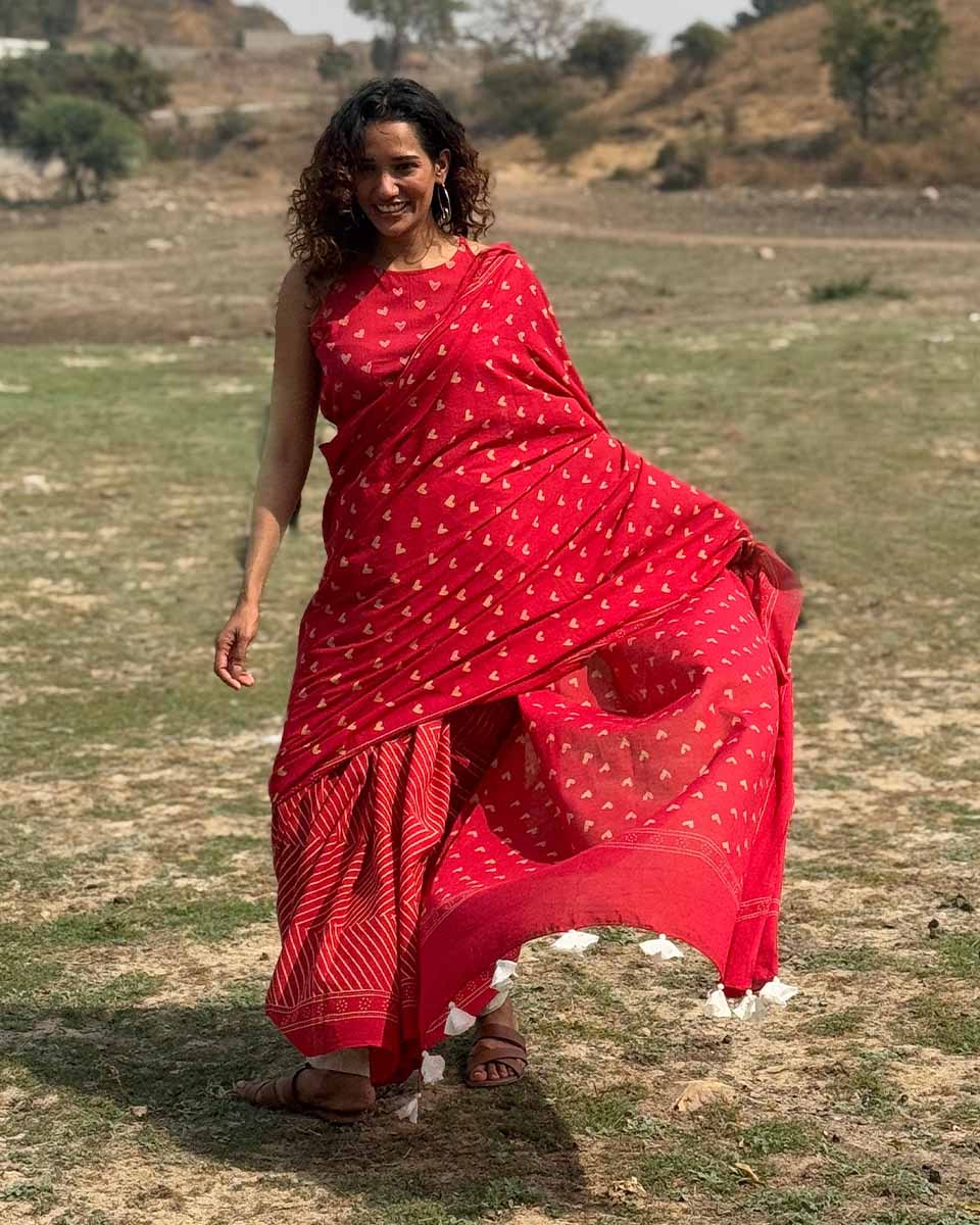 Dil Deewana Red Hand block Printed Cotton Saree - Image 8