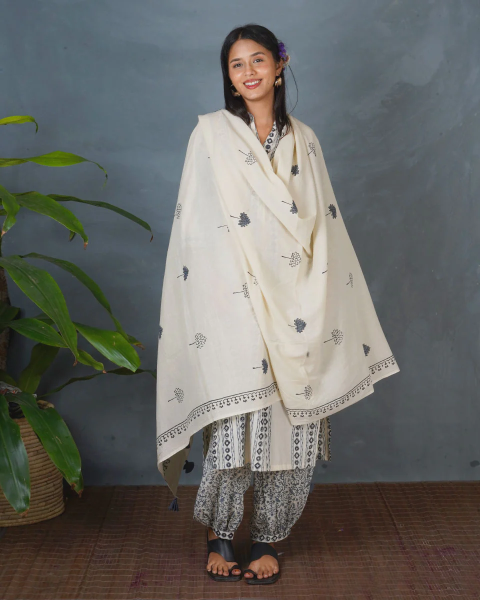 Drifting Ash Ivory Block Printed Dupatta - BMS - Image 6