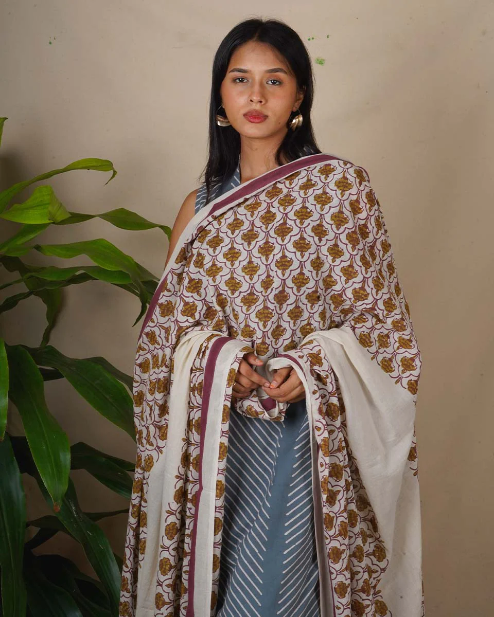 Eden Ivory Block Printed Cotton Dupatta - WW