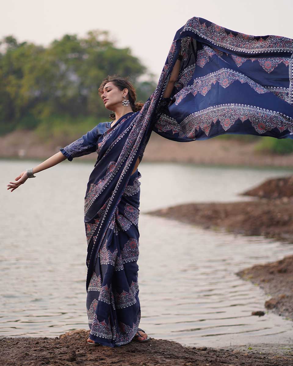 Elishat Black Block printed Modal Silk Saree - Jaisal - Image 8
