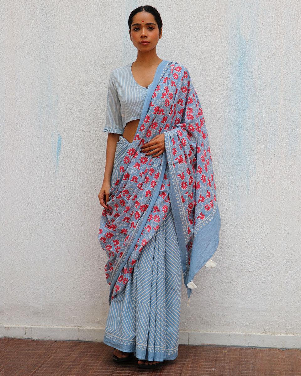 Folk Flowers Handprinted Cotton Sarees - Image 8