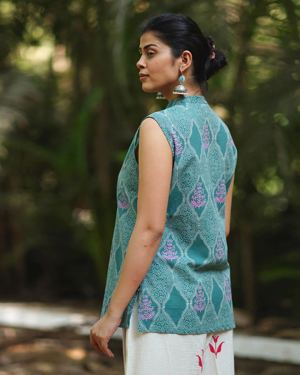 Frangipaniâ€™s Freshness Teal Green Block Printed Top - MMG - Image 5