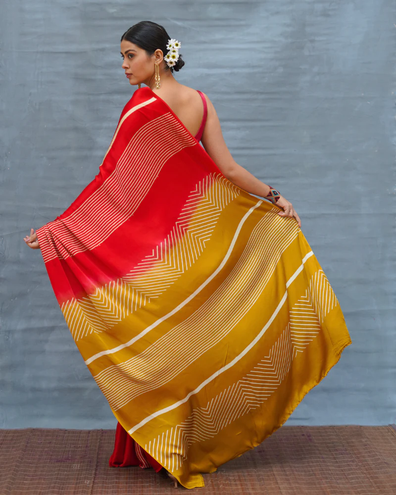 Gentle Fall Red Handblock Print Modal Silk Saree - Flow - Image 3