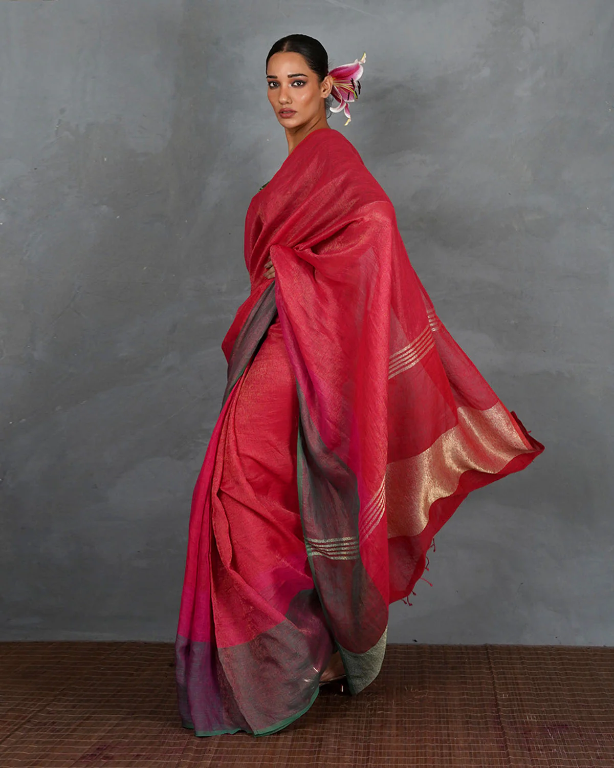 Glow Forward Red With Green Handwoven Linen Saree - TARA - Image 9