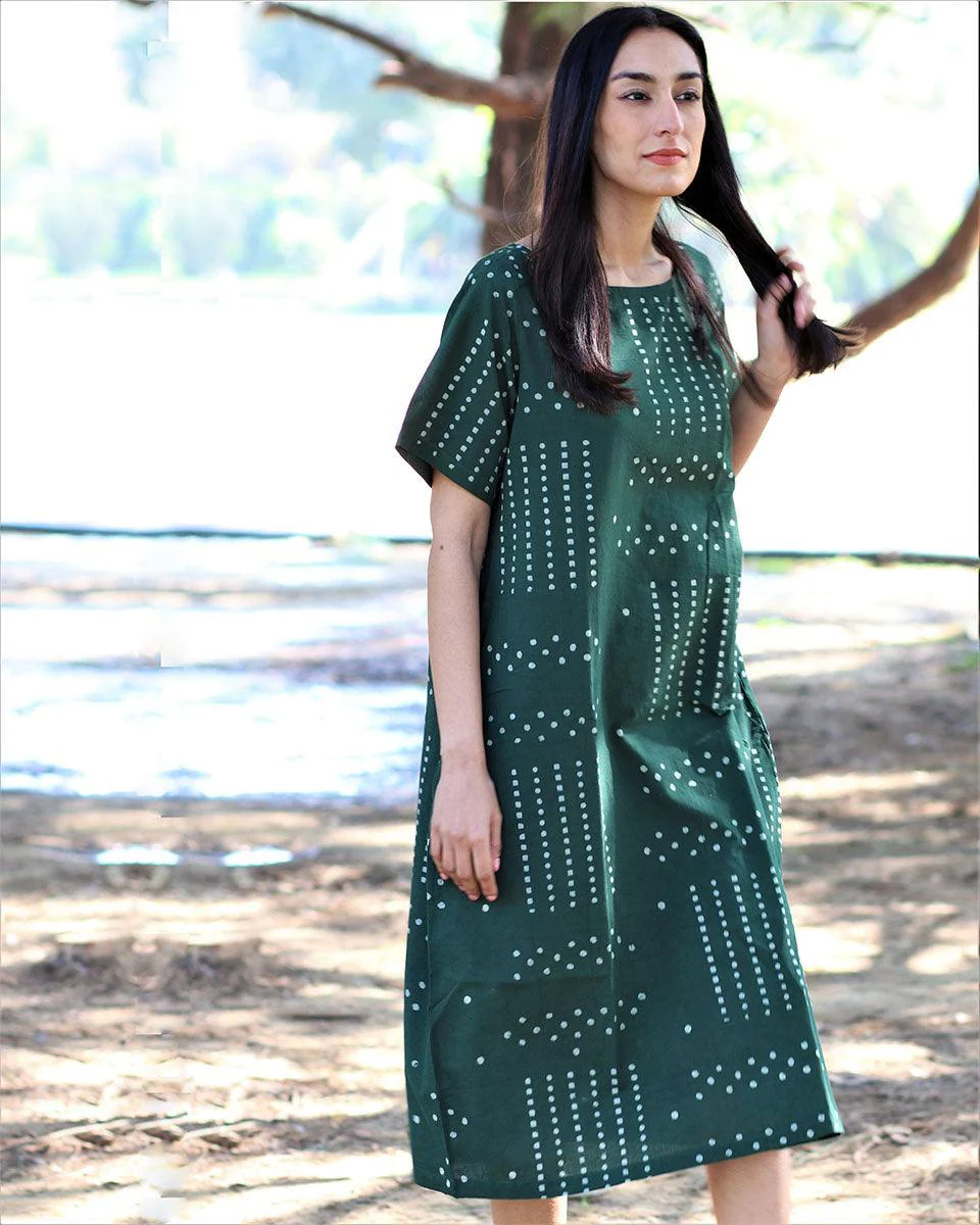 Green Blockprinted Cotton Dress - Image 5
