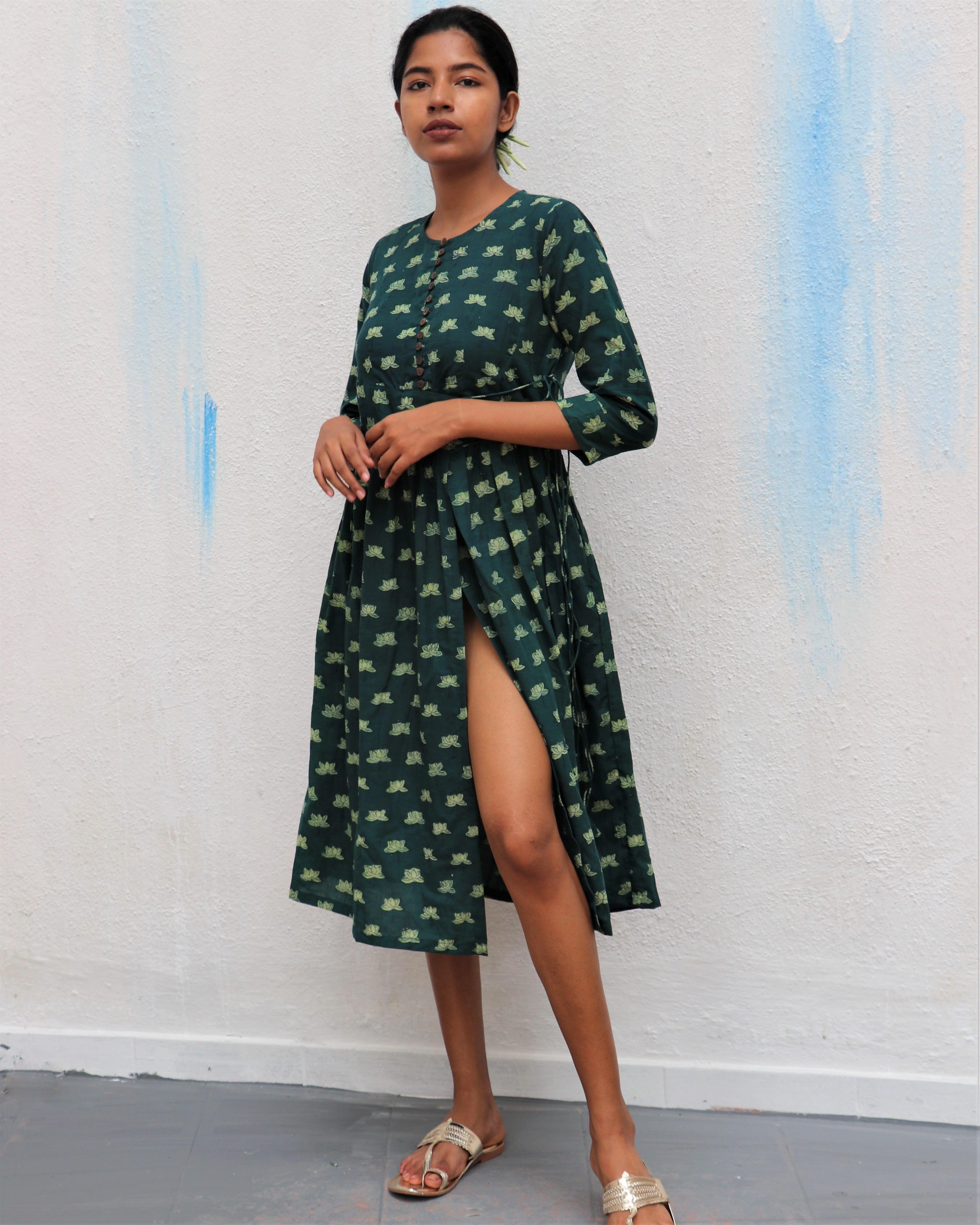 Green Blossom Block Printed Cotton Slit Dress - For - Image 4
