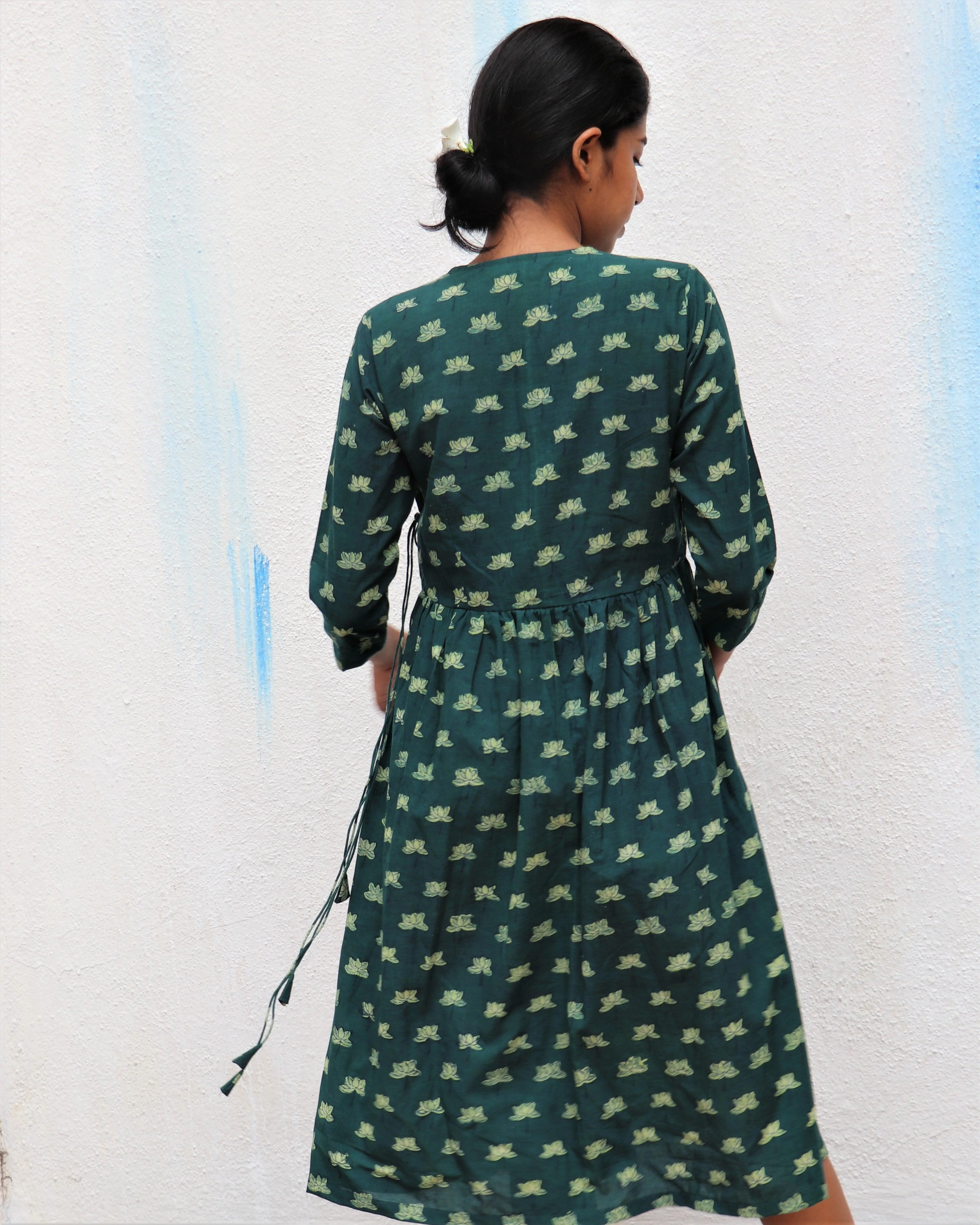 Green Blossom Block Printed Cotton Slit Dress - For - Image 5