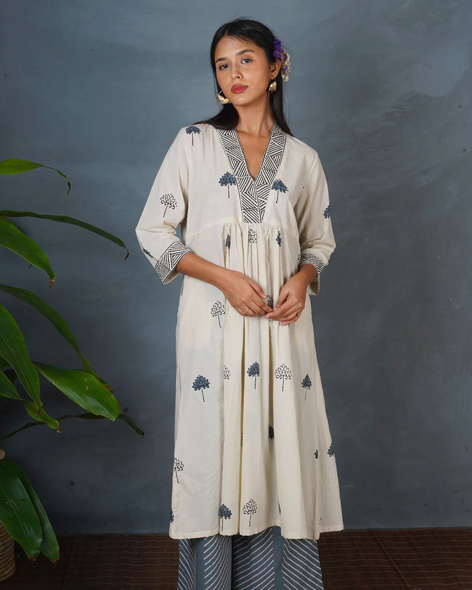 Grey Bloom Ivory Block Printed Kurti - BMS - Image 10